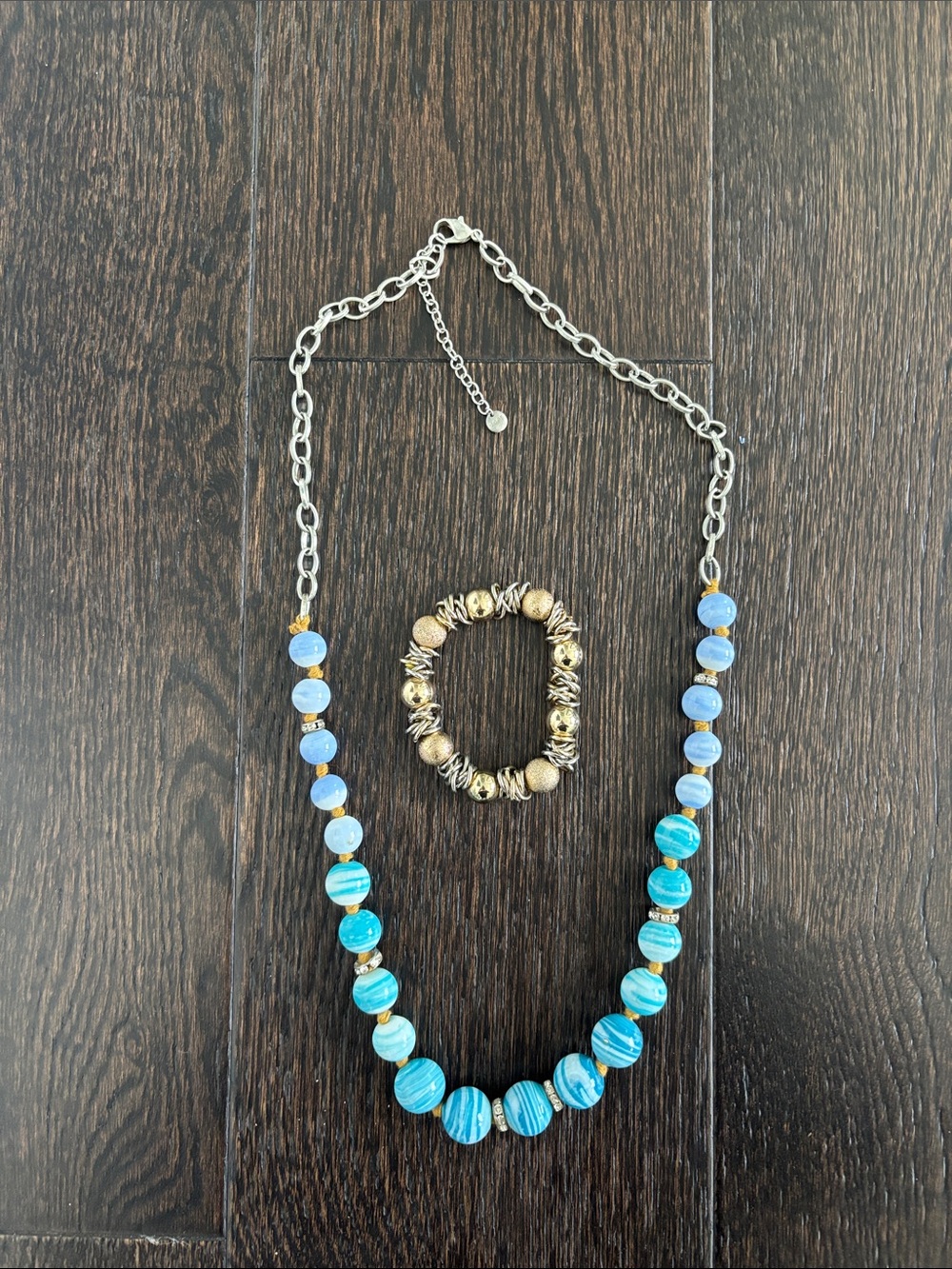 Blue Beaded Necklace and Gold Bracelet Set